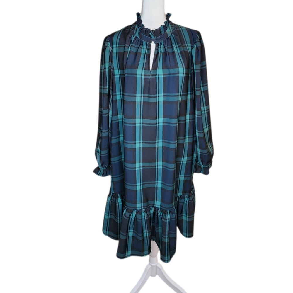 J Crew Ruffle Drop Waist Black Watch Tartan Plaid Flowy Dress XL